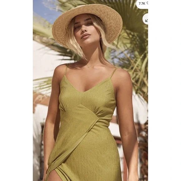 Lulu Chartreuse Green Faux Wrap Midi Dress Tie Back Size Medium D14100 - Picture 2 of 16